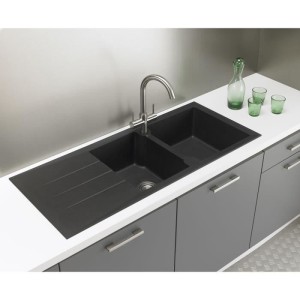 STRADOUR Spüle Einbauküche mit 2 Schalen + 1 Abtropffläche Aloa - Resin - 116 x 50 cm - Schwarz