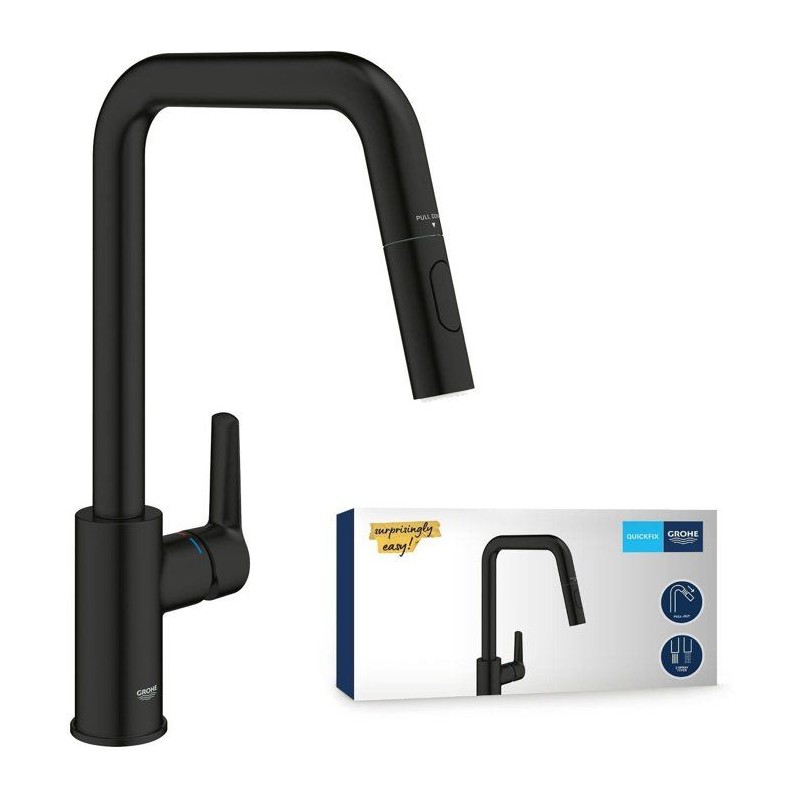 Kitchen faucet - Single-lever sink mixer - Matte black - High U-shaped spout - Pull-out spray - GROHE Start - 306312430