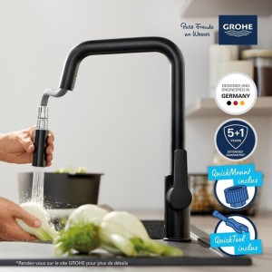 Küchenarmatur - Einhebel-Spültischmischer - Mattschwarz - Hoher U-förmiger Auslauf - Ausziehbare Brause - GROHE Start - 30631