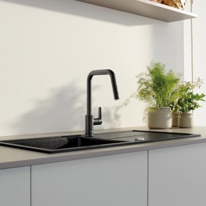 Küchenarmatur - Einhebel-Spültischmischer - Mattschwarz - Hoher U-förmiger Auslauf - Ausziehbare Brause - GROHE Start - 30631