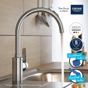Küchenarmatur - Chrom - C-Auslauf - Hoher Auslauf - 150° Drehung - GROHE Get - 31494001