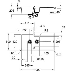 Grohe Composite Waschbecken mit K400 1000 x 500 mm grauer Granit 31642at0 Abflusser