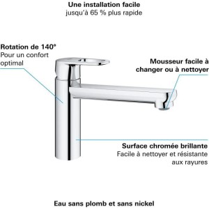 GROHE Robinet évier de cuisine Start Flow, mitigeur monocommande avec mousseur économique d'eau, rotation 140°, chromé, 3169