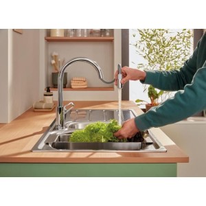 Küchenarmatur - Einhebel-Spültischmischer - Chrom - Hoher C-förmiger Auslauf - Ausziehbarer Luftsprudler - GROHE StartLoop -