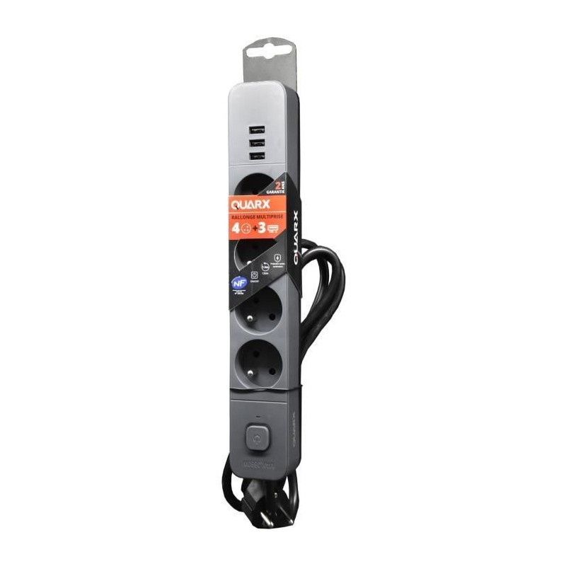 Multiprise - QUARX - 4 prises - Avec 3 ports USB, câble 1,5m
