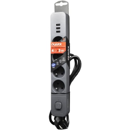 Multiprise - QUARX - 4 prises - Avec 3 ports USB, câble 1,5m