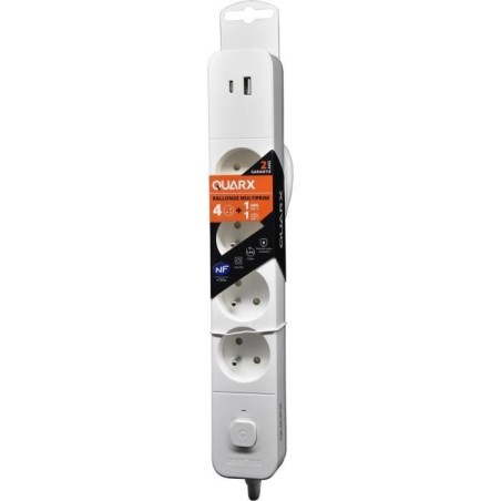 Multiprise - QUARX - 4 prises - Avec USB Type C et USB A, câble 1,5m
