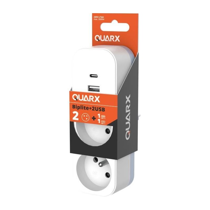 Biplite - QUARX - 2P 16A - With USB-A and USB-C, NF compliant