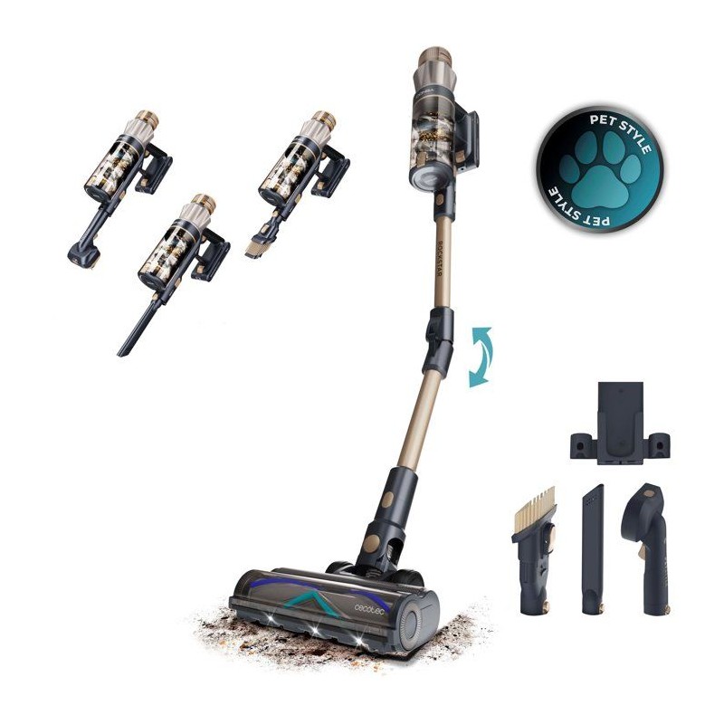 Aspirateur balai - CECOTEC - Conga Rockstar RS90 Pet Flex - 40 000 Pa - 65 min - 140 m² - Or / Gris