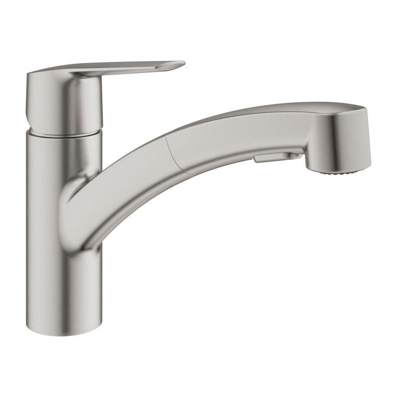 Robinet de cuisine - Supersteel - Mitigeur moncommande évier - Douchette extractible - Bec bas pivotant 90° - GROHE Start -