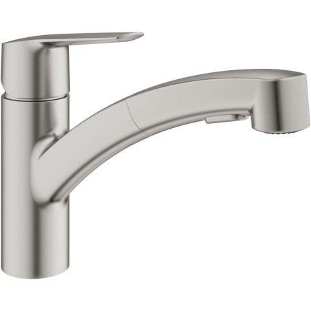 Küchenarmatur - Supersteel - Einhebel-Spültischmischer - Ausziehbare Brause - 90° niedriger Schwenkauslauf - GROHE Start - 30