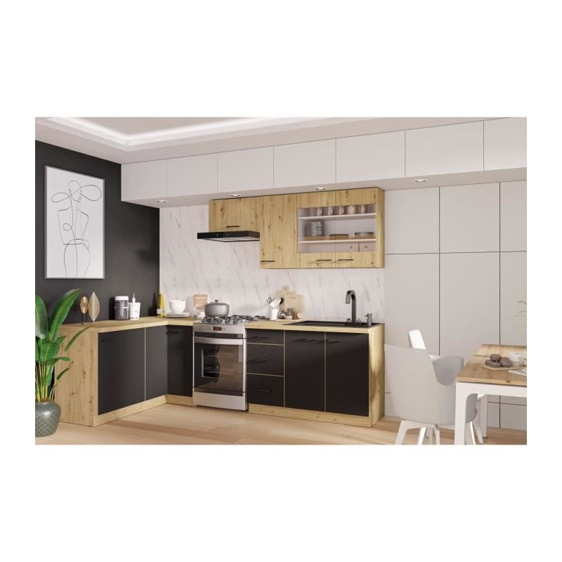 MODENA - Cuisine complete - 210 x 150 x 82 cm - Chene artisan / Noir mat - Plan de travail non inclus