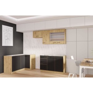 MODENA - Cuisine complete - 210 x 150 x 82 cm - Chene artisan / Noir mat - Plan de travail non inclus