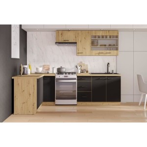 MODENA - Cuisine complete - 210 x 150 x 82 cm - Chene artisan / Noir mat - Plan de travail non inclus