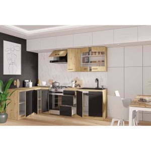 MODENA - Cuisine complete - 210 x 150 x 82 cm - Chene artisan / Noir mat - Plan de travail non inclus