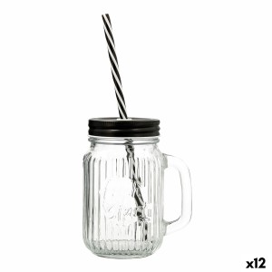 Jar with Lid and Straw Quid Maison Transparent Glass 470 ml (12 Uni...