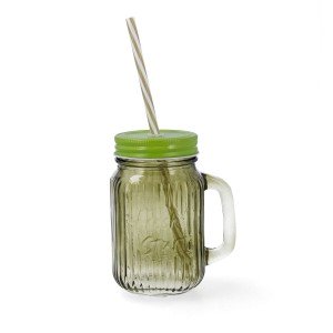Jar with Lid and Straw Quid Maison Green Glass 450 ml (12 Units) | ...