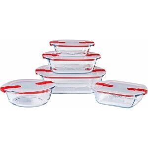 Set of Stackable Hermetically-sealed Kitchen Containers Pyrex Cook & Heat Red Rectangular 5 Pieces