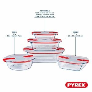 Set of Stackable Hermetically-sealed Kitchen Containers Pyrex Cook & Heat Red Rectangular 5 Pieces
