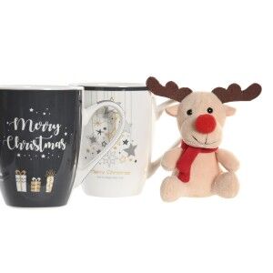 Mug DKD Home Decor Black White Bone China Porcelain (360 ml) (2 Uni...