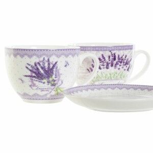 Tasse mit Untertasse DKD Home Decor Weiß grün Lila Porzellan 220 ml (2 Stück)