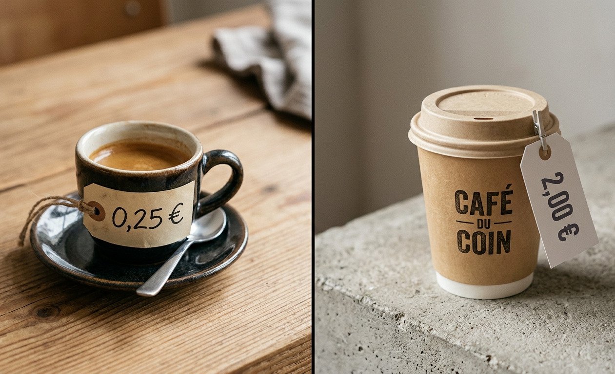 Deux images: à gauche, tasse à café noire sur mug sombre, étiquette “0,25 €” autour de la anse; à droite, gobelet en carton “CAFÉ DU COIN” avec étiquette “2,00 €” attachée.