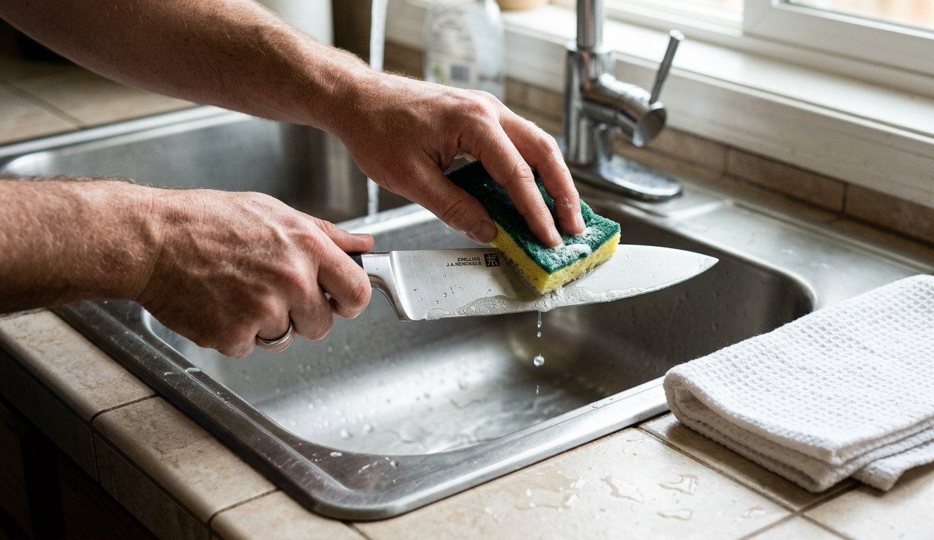 Homme lavant et aiguisant un couteau à l'évier avec une éponge, éclaboussures d'eau et torchons blancs à proximité.