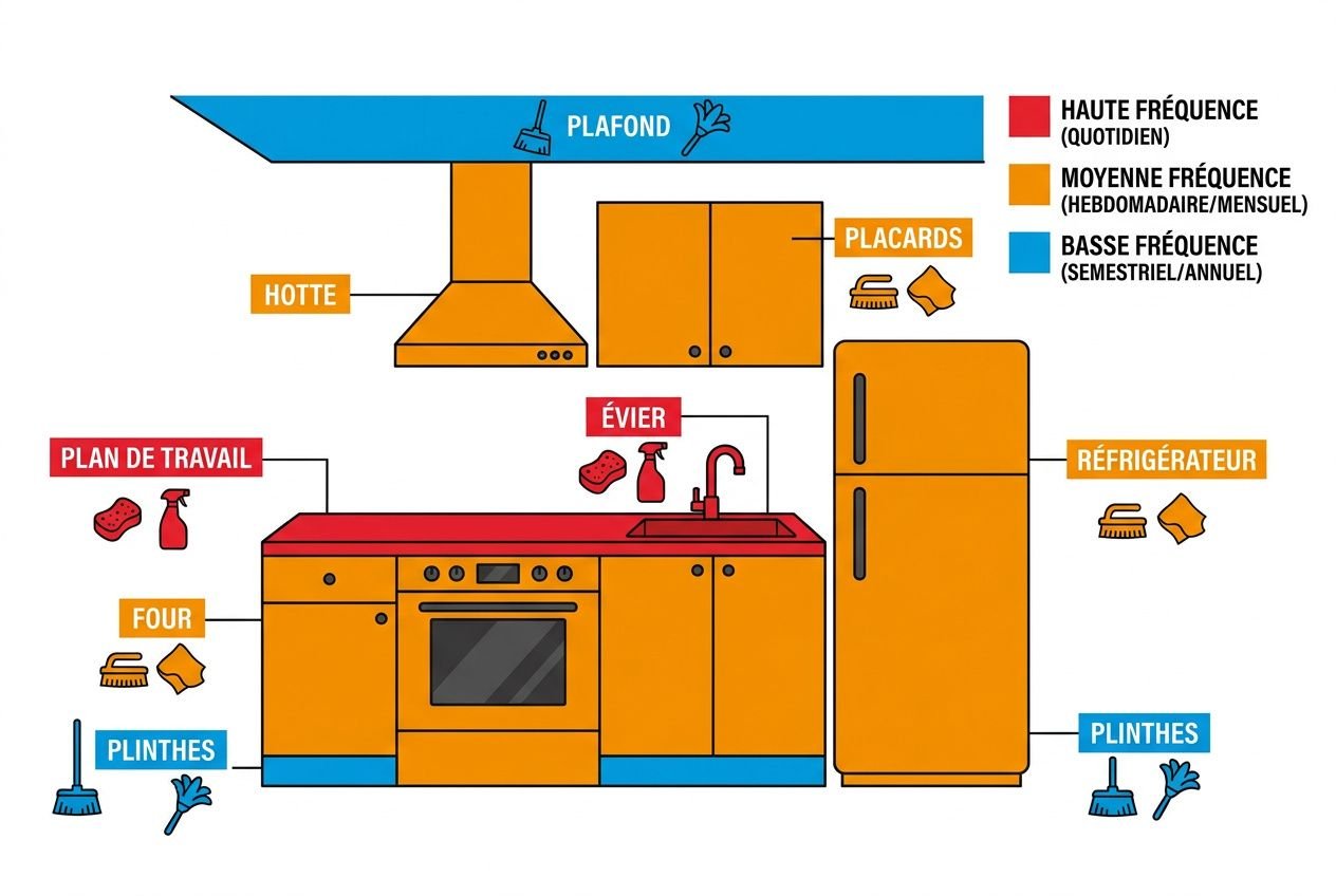 Plan de nettoyage en cuisine avec zones fréquentes: hotte, évier, réfrigérateur et plan de travail en couleur orange et bleu. Plinthes et sol bleus; pictogrammes d’outils et d’accessoires.
