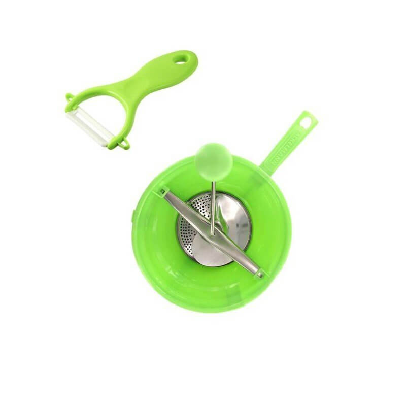 Eplucheur à légumes, presse-purée et moulin à légumes manuels avec poussoir et manivelle.