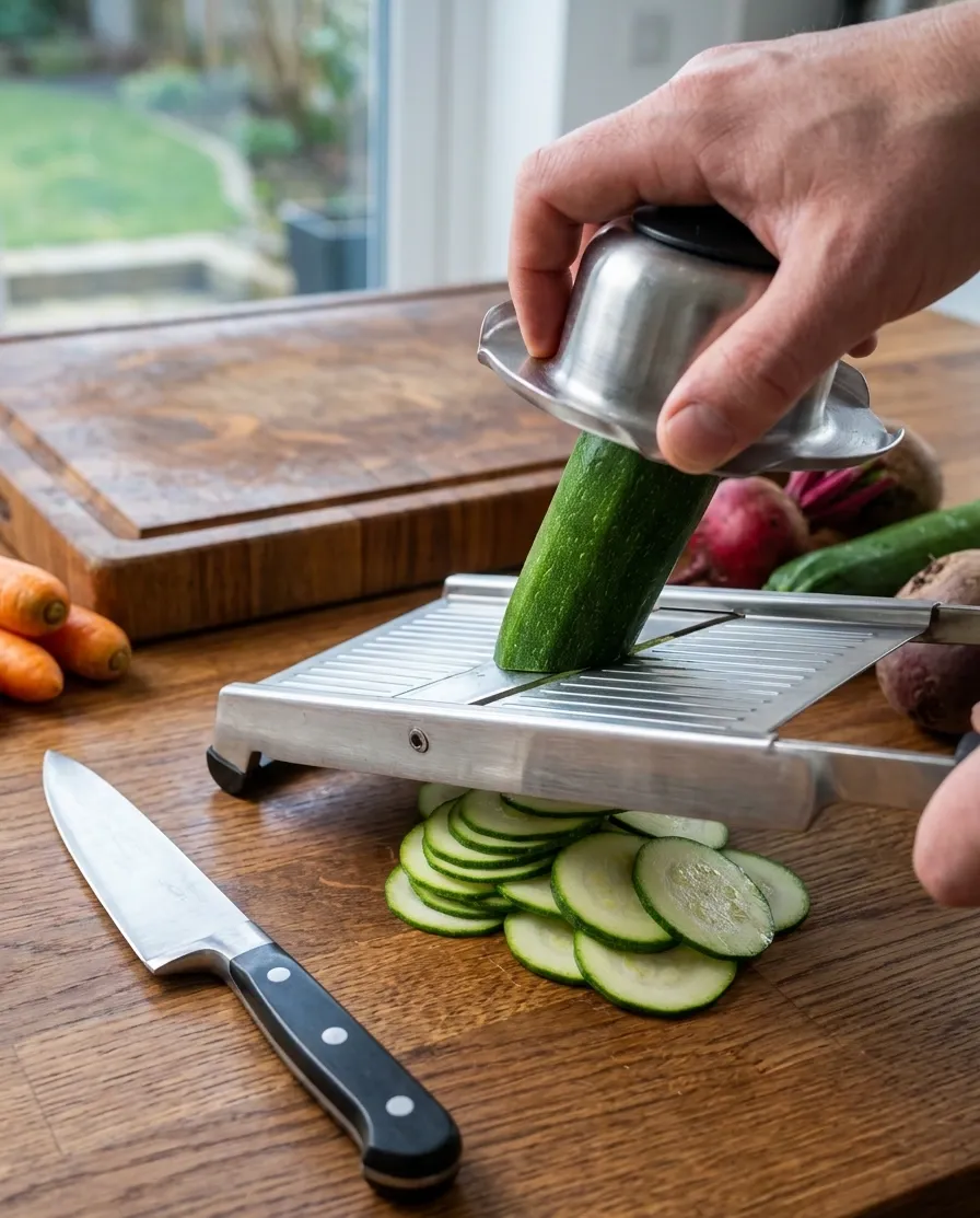 Râpe mandoline en action: tranche des rondelles de concombre sur plan de travail en bois, couteau à gauche.
