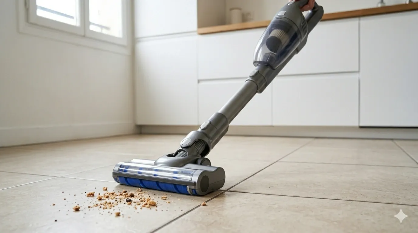 Aspirateur sans fil en action sur un sol carrelé, dégageant des miettes en cuisine.