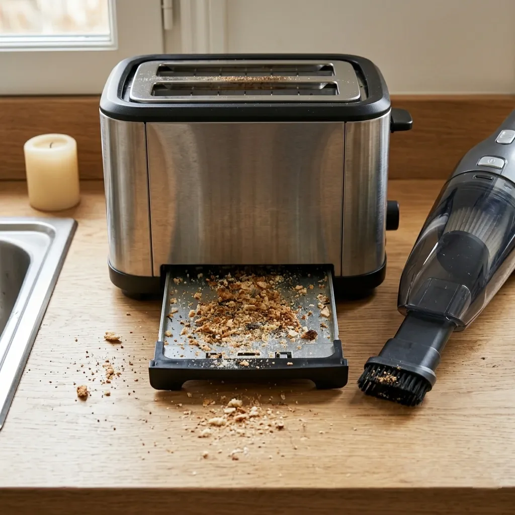 Grille-pain inox avec plateau ramasse-miettes et aspirateur-essuie-bord des miettes sur plan de travail en bois.