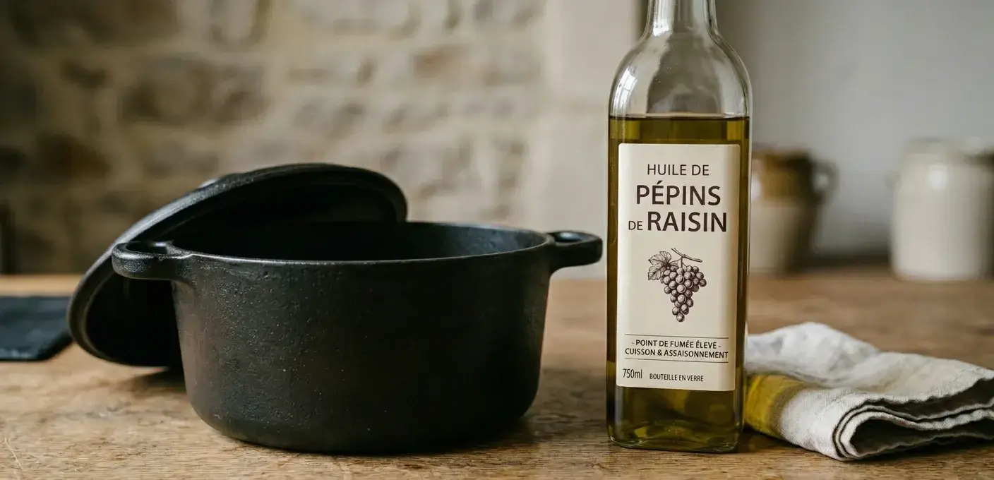 Poêle en fonte noire et bouteille d’huile de raisin à l’étiquette claire, sur plan de cuisine en bois.