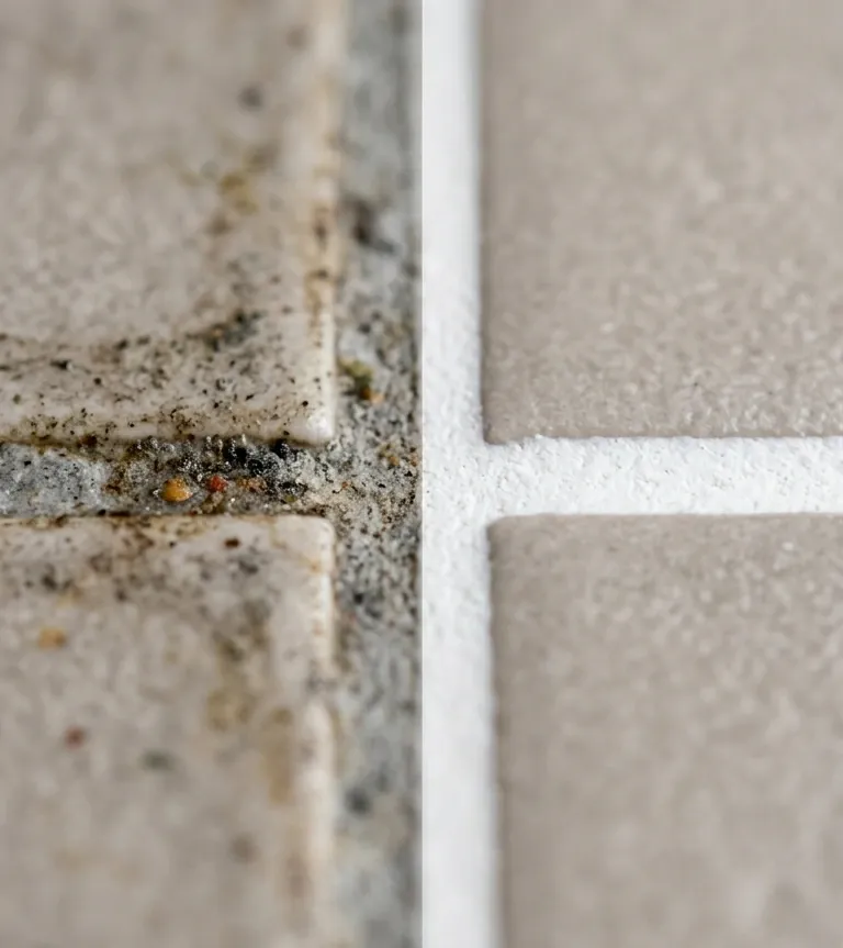 Joint entre pavés et dallage, vue macro d’un joint blanc entre carrelages gris et beige, empreinte nette et texture granuleuse.