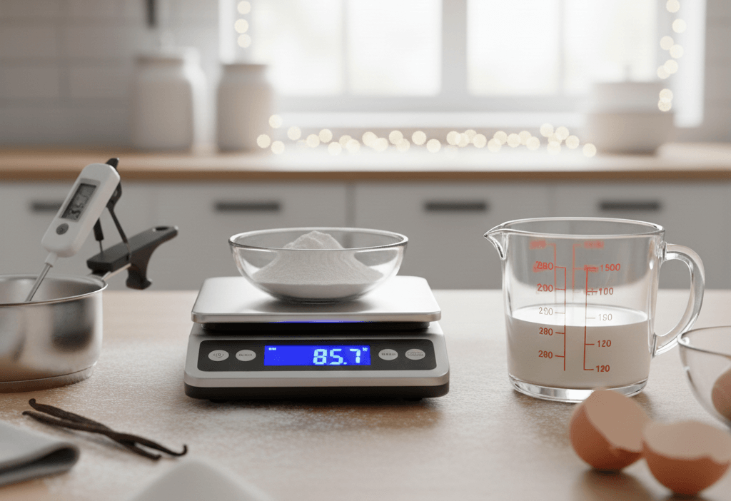 Balance de cuisine avec pâte et sucre sur plateau, thermomètre dans un bol, pichet doseur rempli et œufs cassés sur plan de travail.