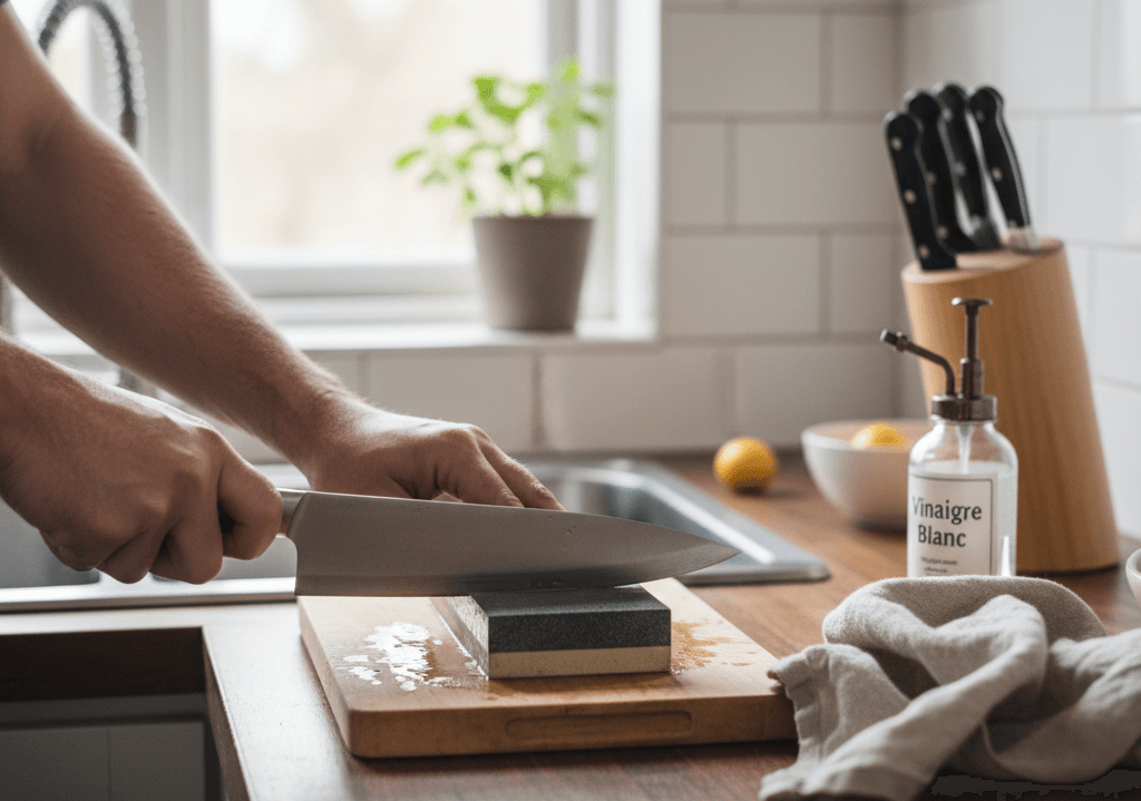 Homme émince une viande ou plat sur une planche à découper dans une cuisine, avec un couteau, éponge et flacon de vinaigre blanc sur le plan de travail.