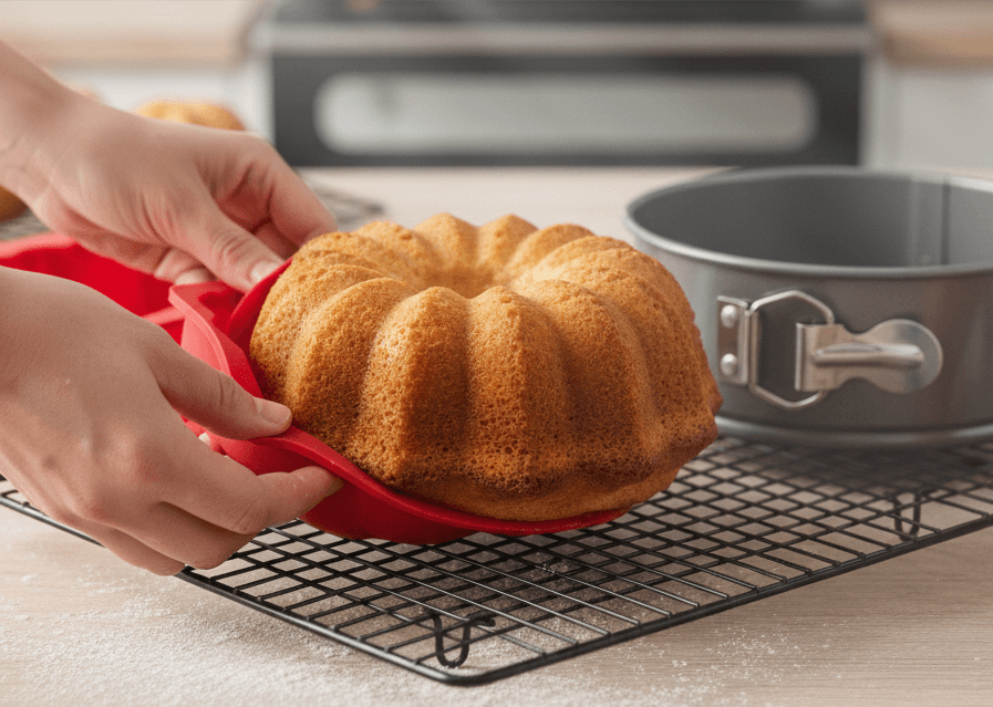 Gâteau moelleux en moule dégagé sur grille, presser avec un emporte-pièce rouge près d'un moule à charnière argenté.