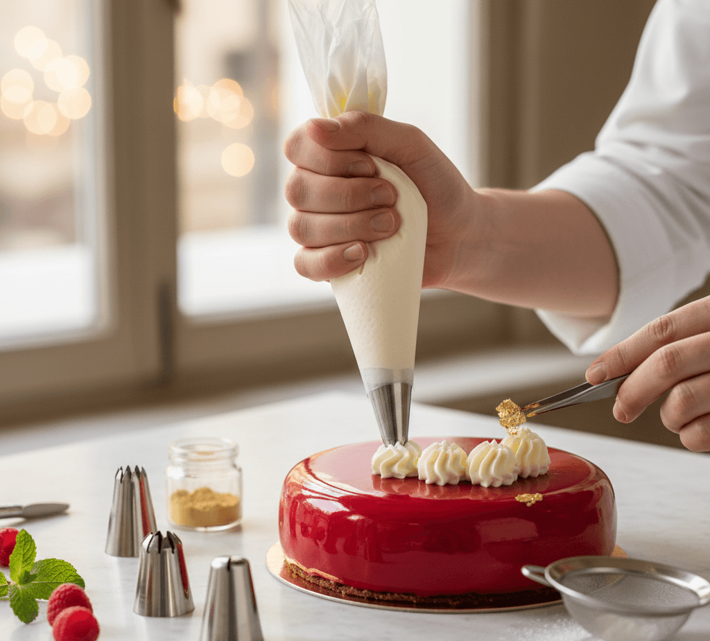 Fraiseur décorant un gâteau miroir rouge avec douilles et emporte-pièces, garnissant des petites rosaces au sommet.