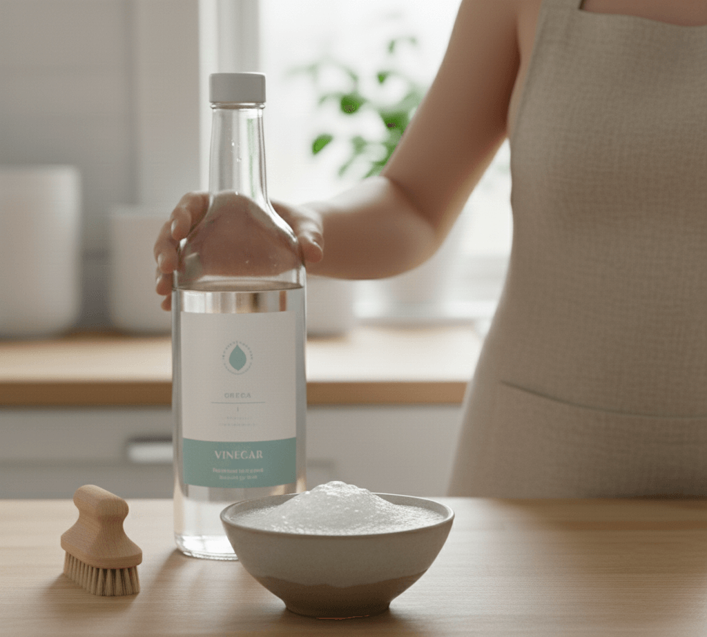 Bouteille d’eau vinaigre transparent à capuchon blanc sur plan de travail, bol de sucre en poudre et petit pinceau en bois sur bois clair. Personne en tablier beige en arrière-plan.