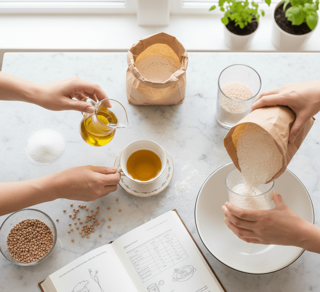 Personnes mesurant des ingrédients secs et liquides sur une table de cuisine, avec farine dans un sac et tasse de thé.