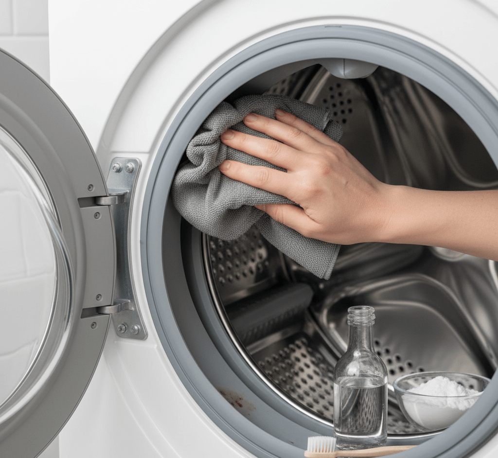 Personne nettoyant l’intérieur d’un lave-linge: main essuyant le tambour avec un chiffon gris; bouteille et bol de bicarbonate et eau au premier plan, brosse à dents à côté.