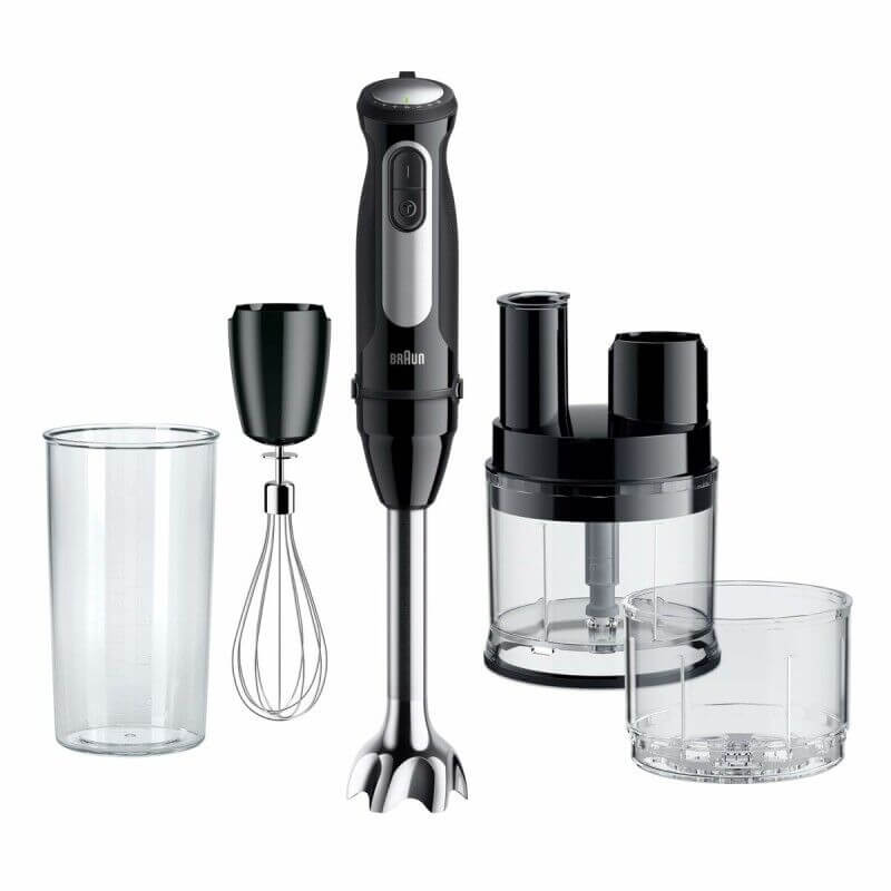 Batteur électrique Braun avec accessoire fouet, gobelet transparent et juicer/centrifugeuse amovible, pièces détachées sur fond blanc.