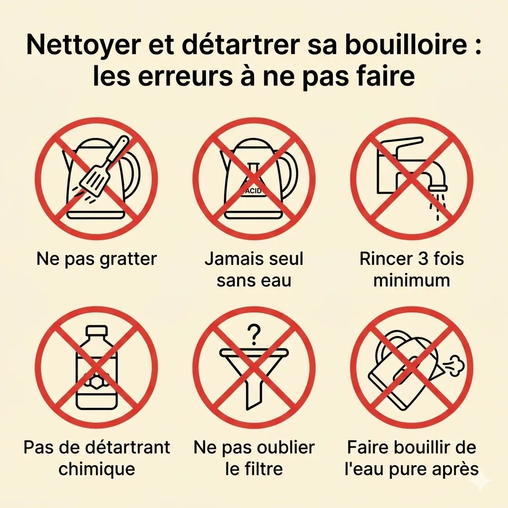 Infographie des 6 erreurs à éviter pour détartrer sa bouilloire naturellement sans endommager la résistance