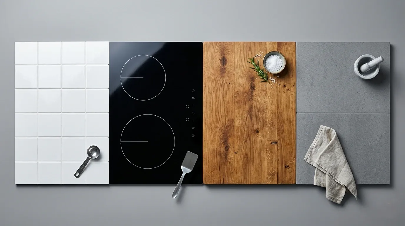 Bloc-cuisine moderne avec plaques de cuisson, planches en bois et accessoires, sur fond gris.