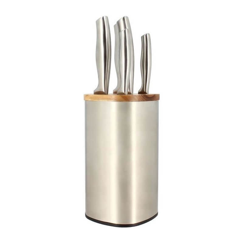 Ensemble de couteaux de cuisine à lames en acier dans un support ronde en métal avec couvercle en bois