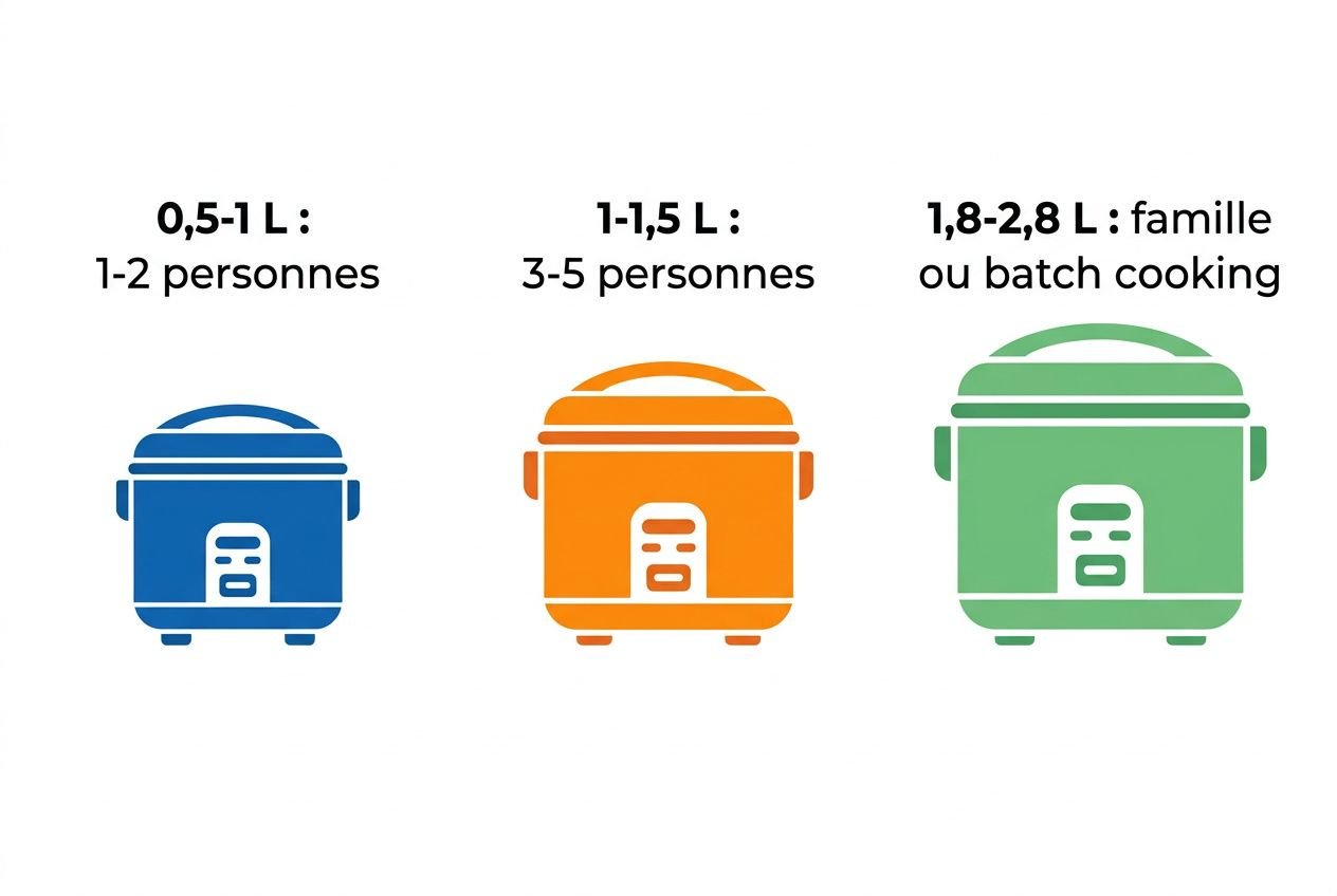 Aperçu des capacités d’un cuiseur à riz : volumes 0,5-1 L, 1-1,5 L et 1,8-2,8 L pour 1-2 personnes, 3-5 personnes et famille ou batch cooking. avis cuiseur de riz inclus.