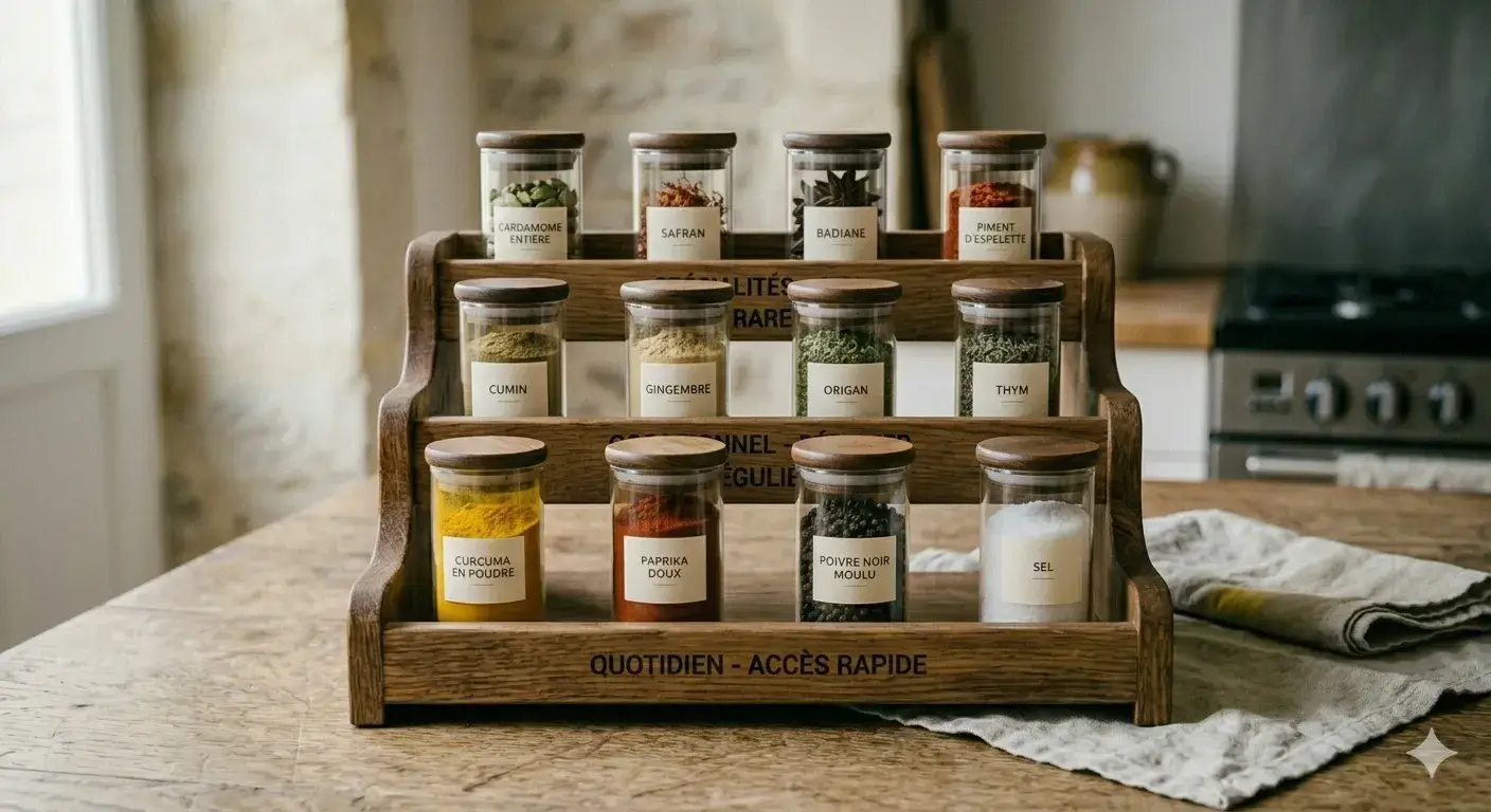 Set de bocaux en bois à épices sur plateau à l’ancienne, avec étiquettes Nominales: cumin, curcuma, paprika, sel, etc., sur comptoir de cuisine.