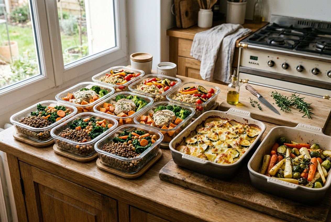 Assortiment de plats préparés en bocaux et plats gratinés sur une table de cuisine pour batch cooking débutant, organisation efficace des repas de la semaine.