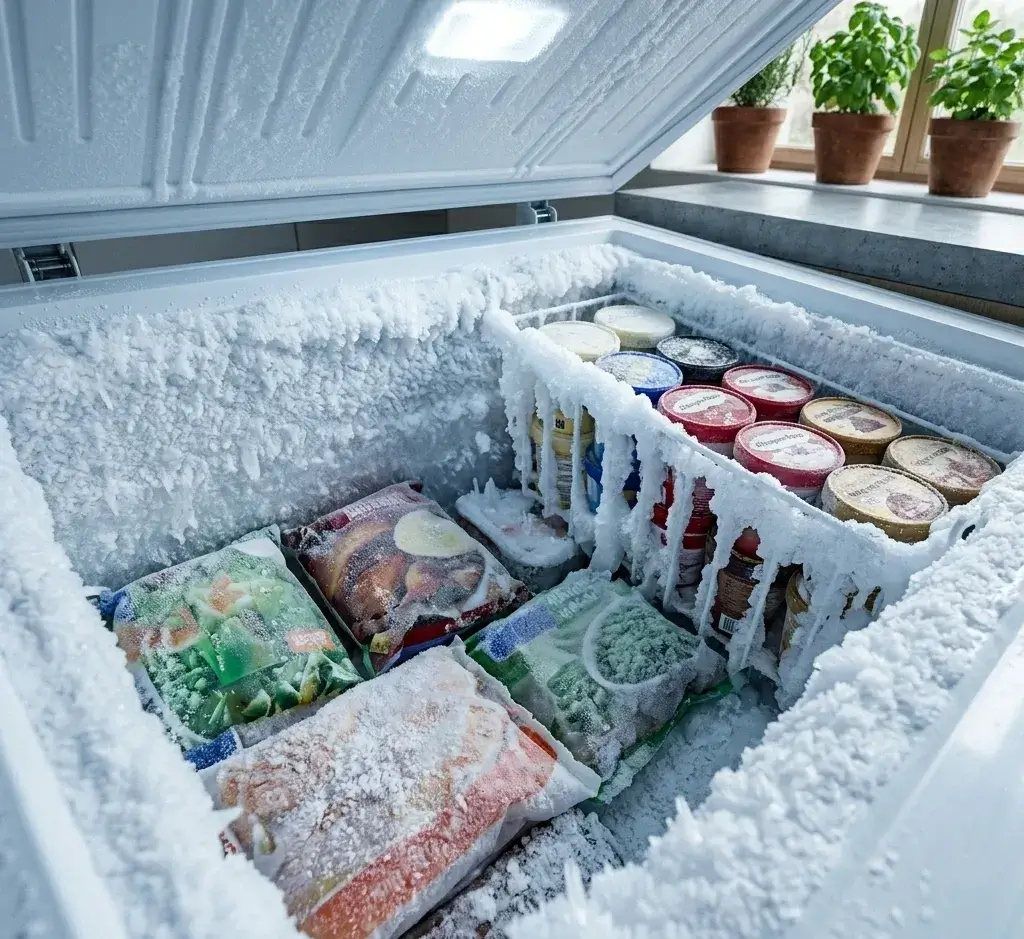 Icebox rempli de glaces et de produits surgelés colorés avec bac à glaçons et plantes sur le rebord de la fenêtre.