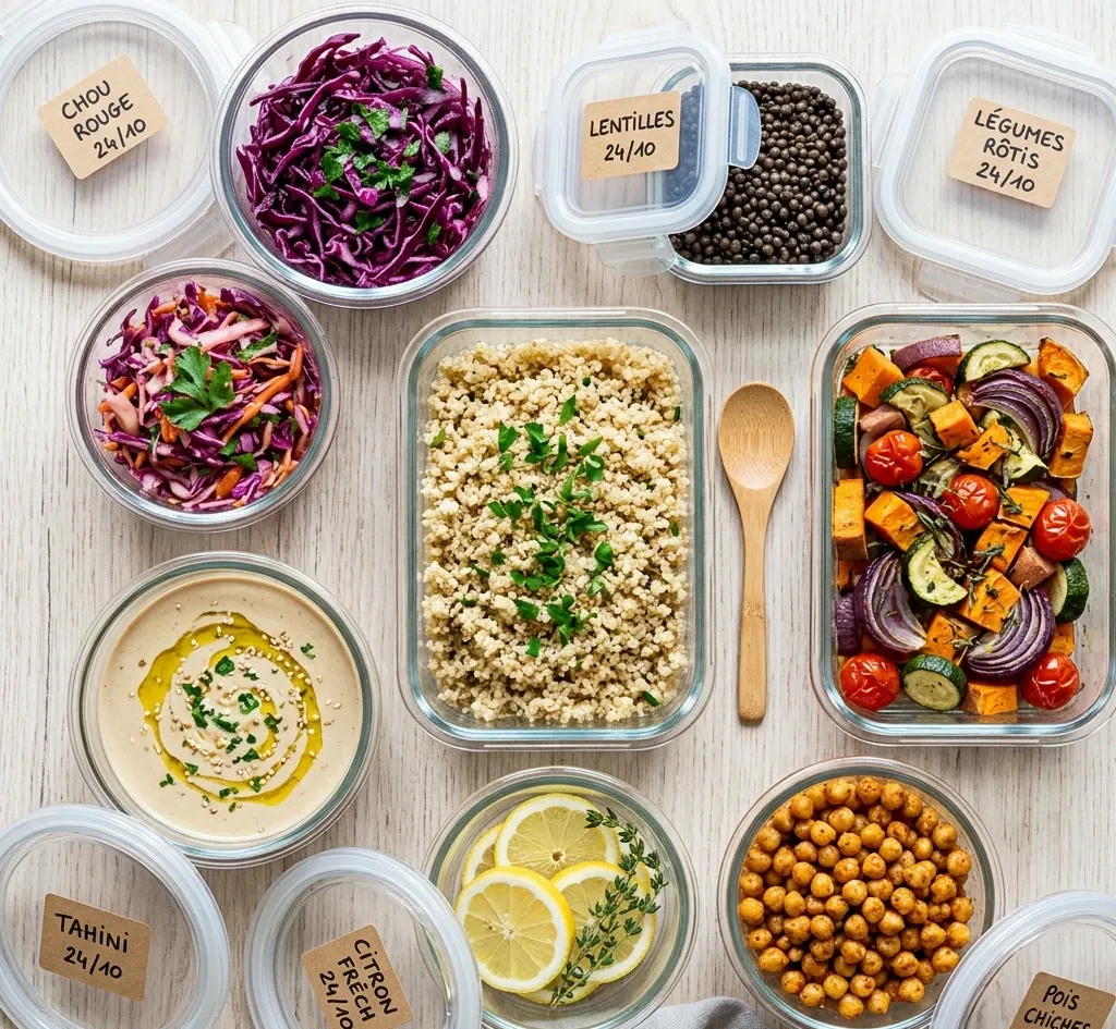 Assortiment d’aliments préparés dans des contenants transparents, avec légumes rôtis, céréales, houmous, pois chiches et sauces, étiquettes avec dates. ALT text must include keyword if provided; none provided. Provide concise. Include "ustensiles" or "matériel de cuisson"? Not in image. So: "Assortiment de plats préparés et légumineuses dans des boîtes transparentes, étiquettes date 24/10." 112 chars? Let's craft. Final: Assortiment de plats et ingrédients dans des boîtes en verre transparent, étiquettes date 24/10 et cuillère en bois.